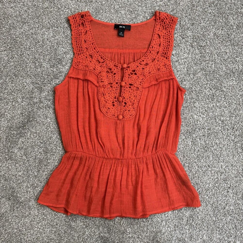 BCX Tank Top Womens Medium Orange Crochet Peplum Boho Summer Hippie Country